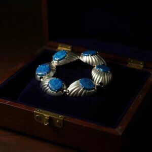 Vintage Art Deco OTIS Sterling Silver Denim Lapis 7" Link Bracelet